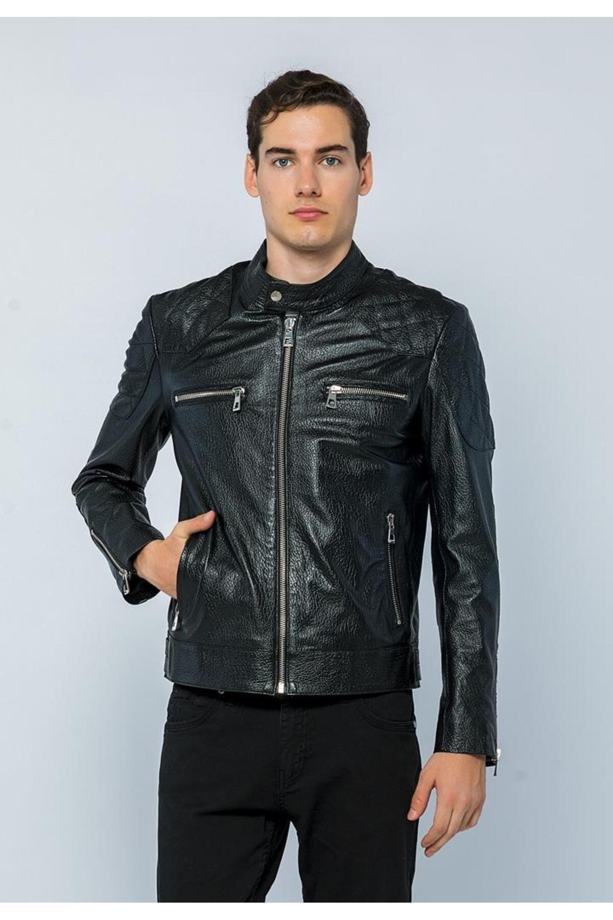 Basics&More Men Biker Black Jumbo Leather Jacket - E/1042