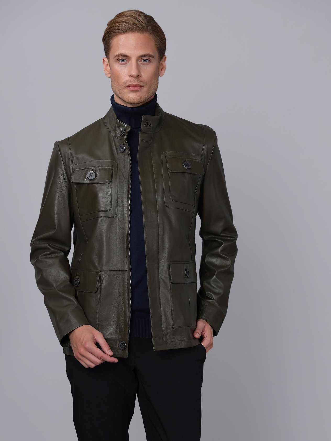Basics&More Men Khaki Leather Jacket - SAFARI
