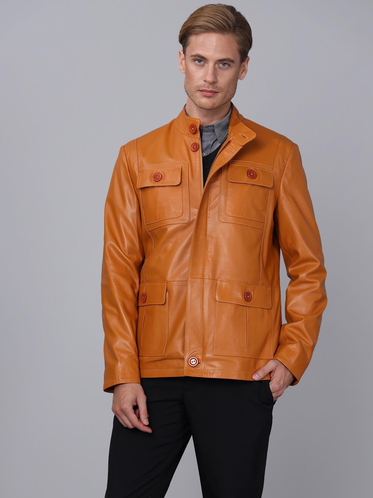 Basics&More Men Camel Leather Jacket - SAFARI