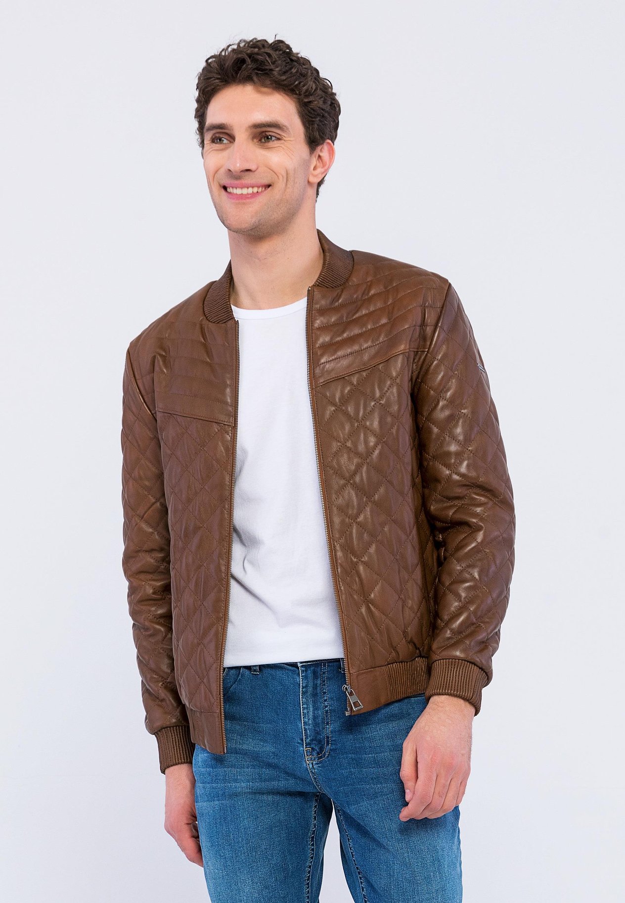Basics&More Men Quilted Chestnut Genuine Leather Jacket - YNS45