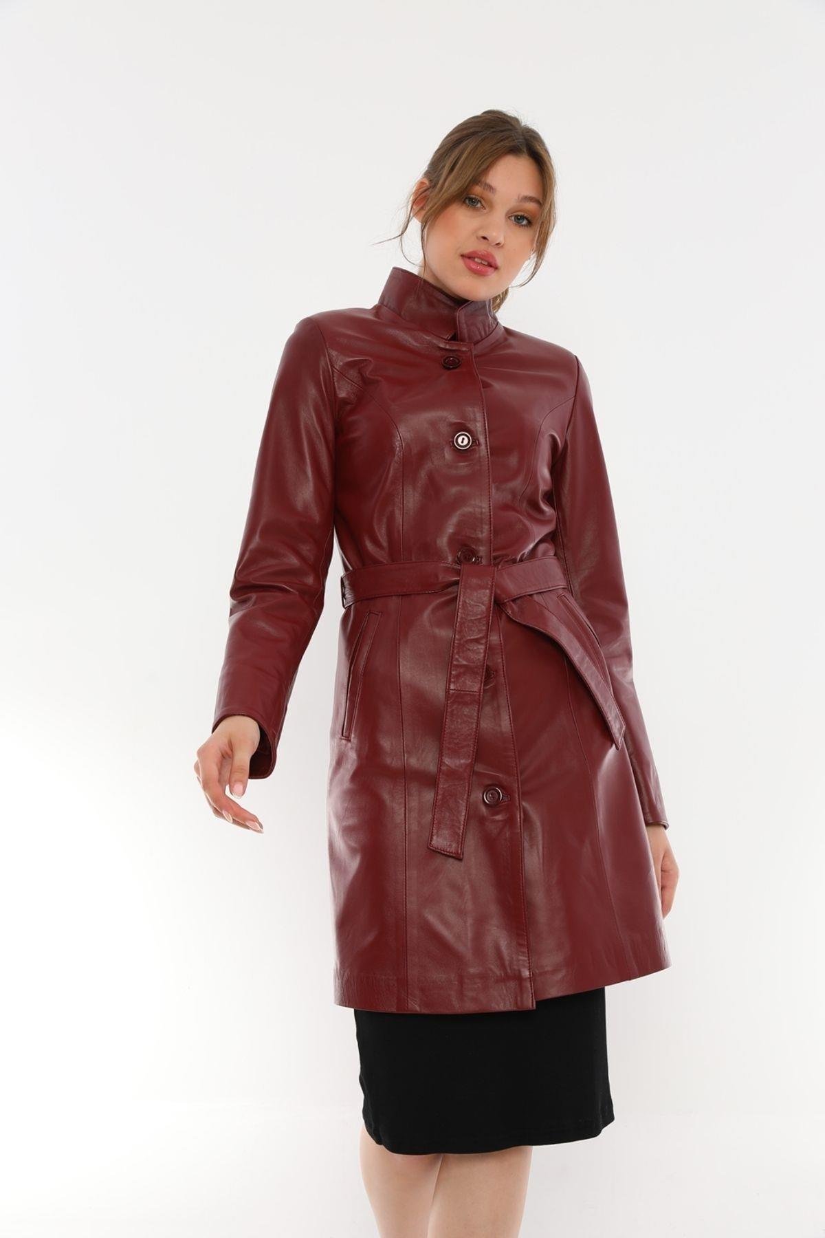 Kadın Bordo Deri Ceket - B3034