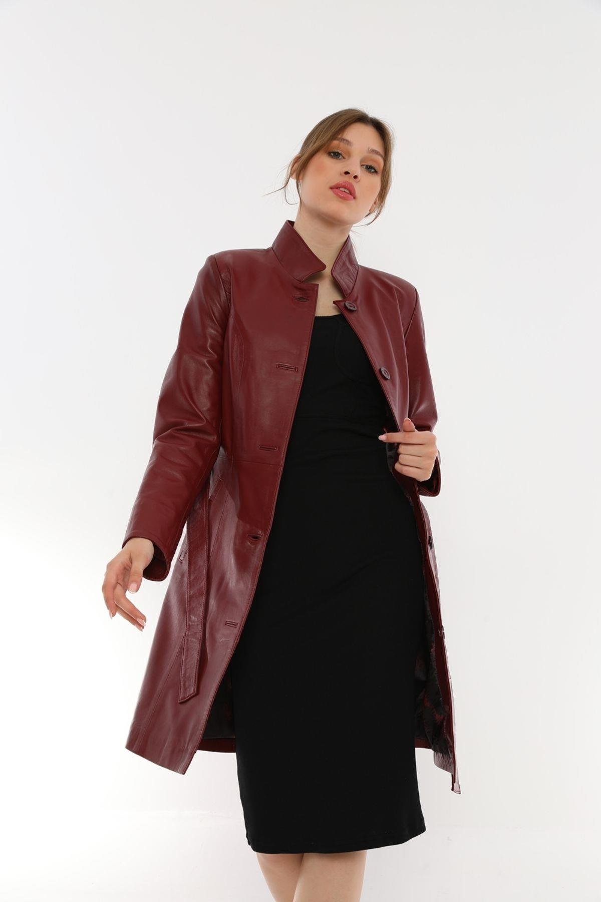 Kadın Bordo Deri Ceket - B3034