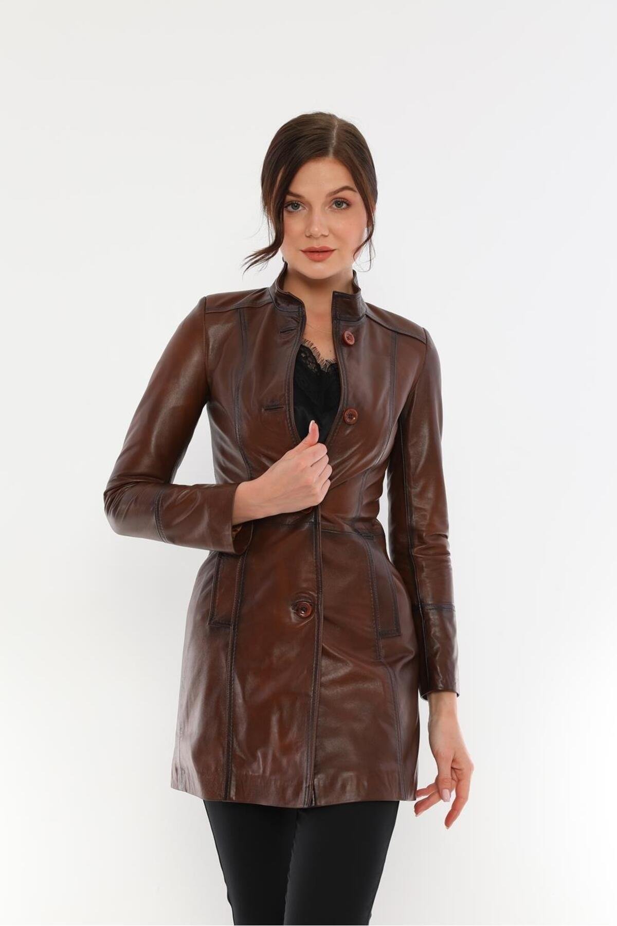 Basics&More Women Buttoned Chestnut Leather Jacket - B105