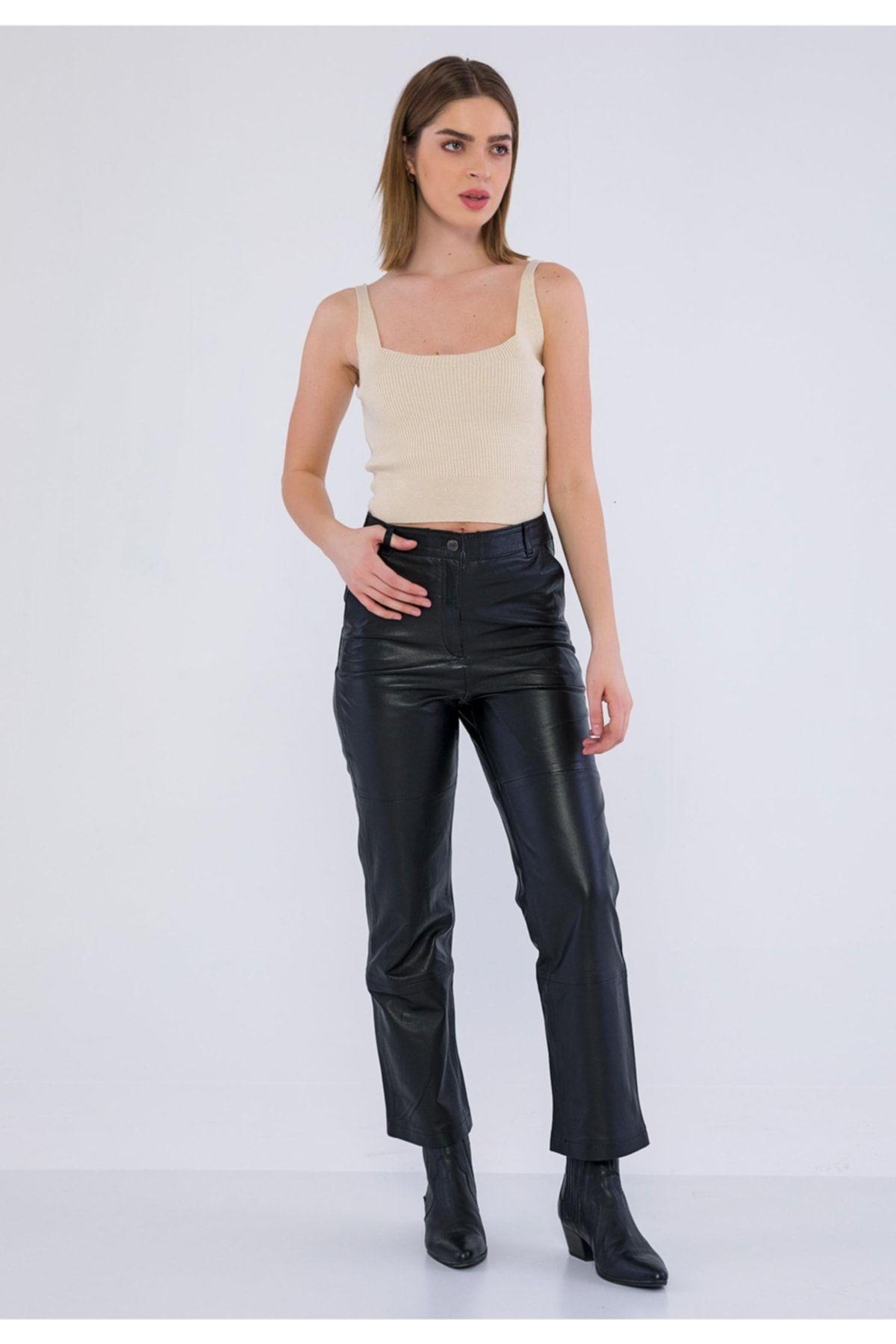 Basics&More Women Black Leather Trousers with Side Pockets - P03