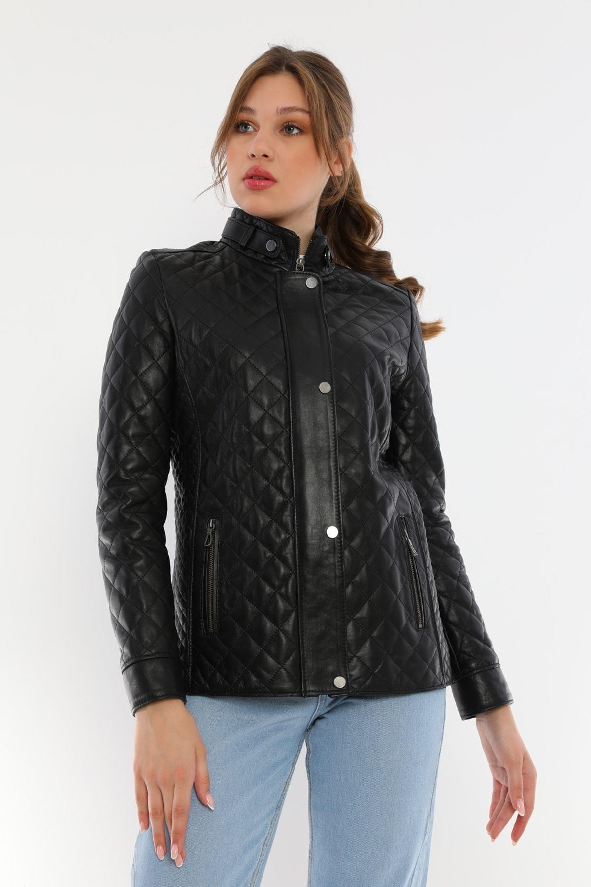 Basics&More Women Quilted Black Leather Jacket - Dunna