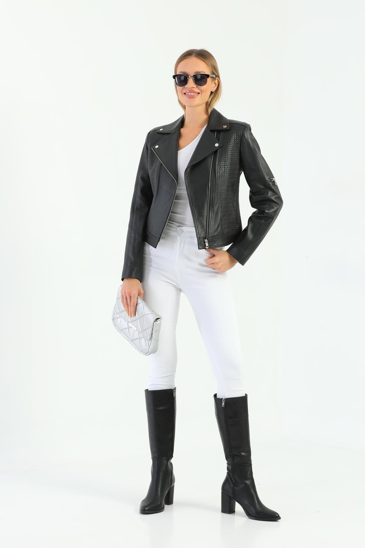 Basics&More Women Biker Black Leather Jacket - Wbiker