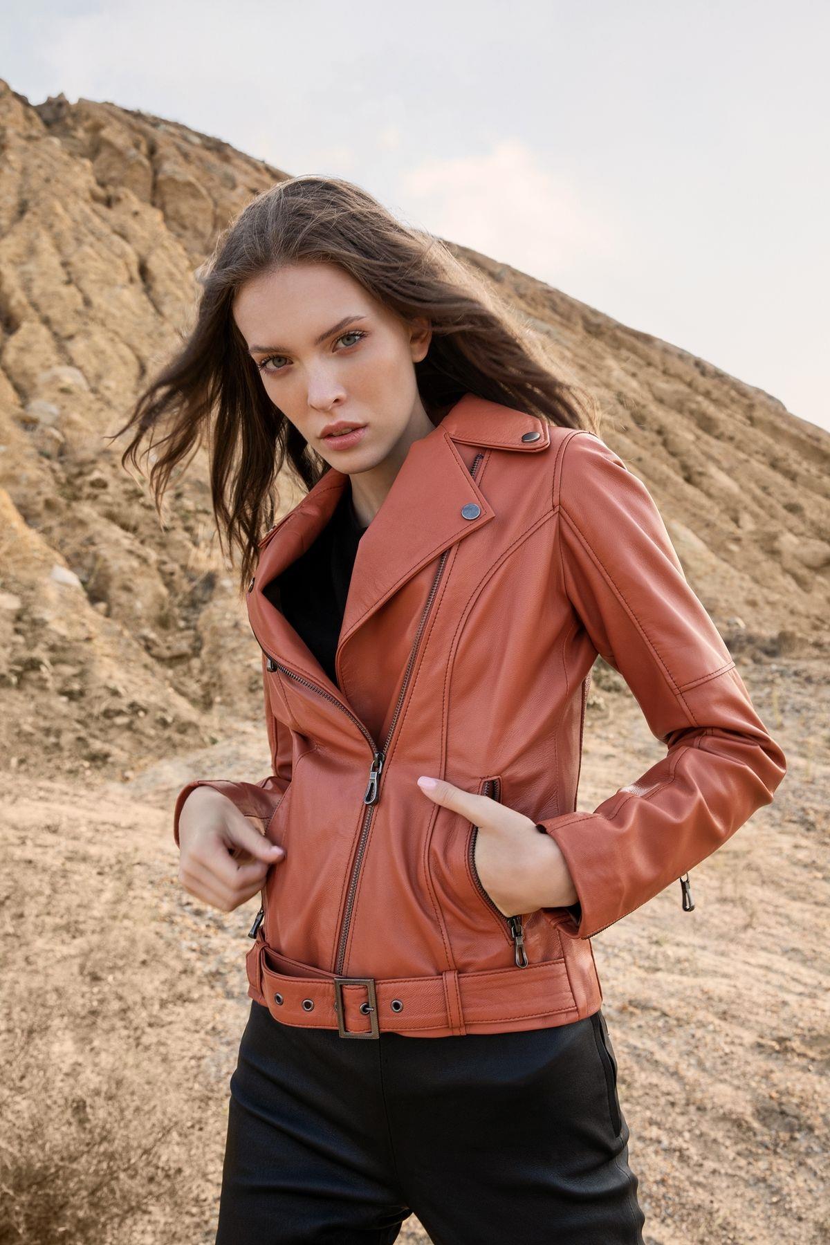 Basics&More Women Biker Belted Tile Leather Jacket