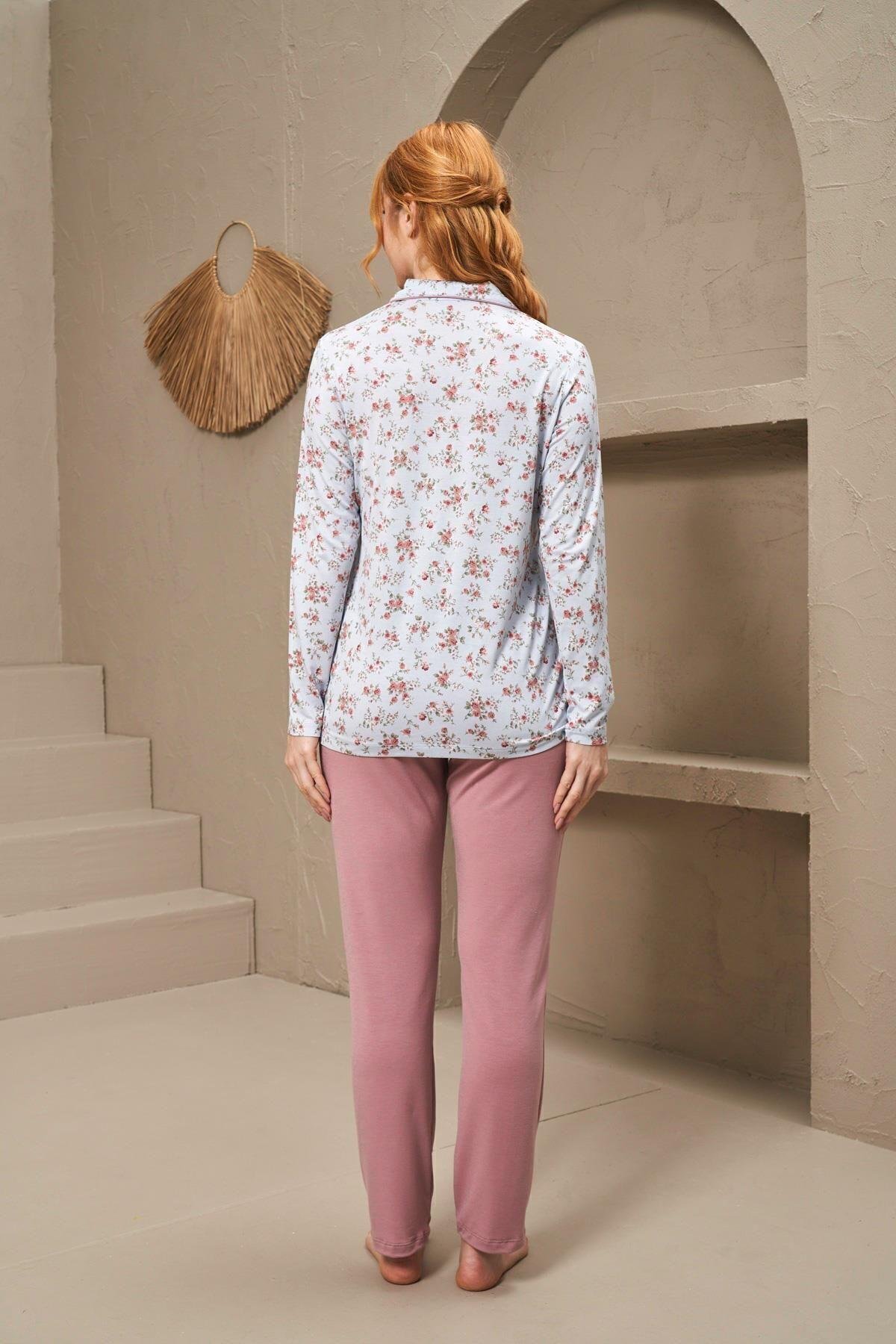 25152 Kadın Yakalı Düğmeli Uzun Kollu Desenli Pijama Takım