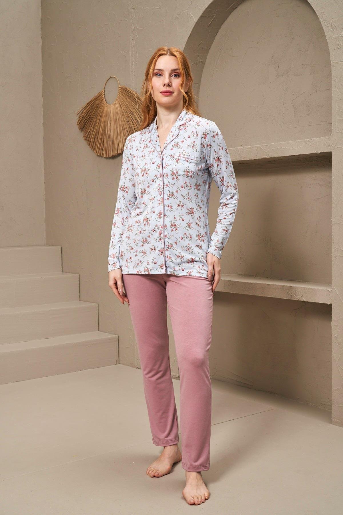 25152 Kadın Yakalı Düğmeli Uzun Kollu Desenli Pijama Takım