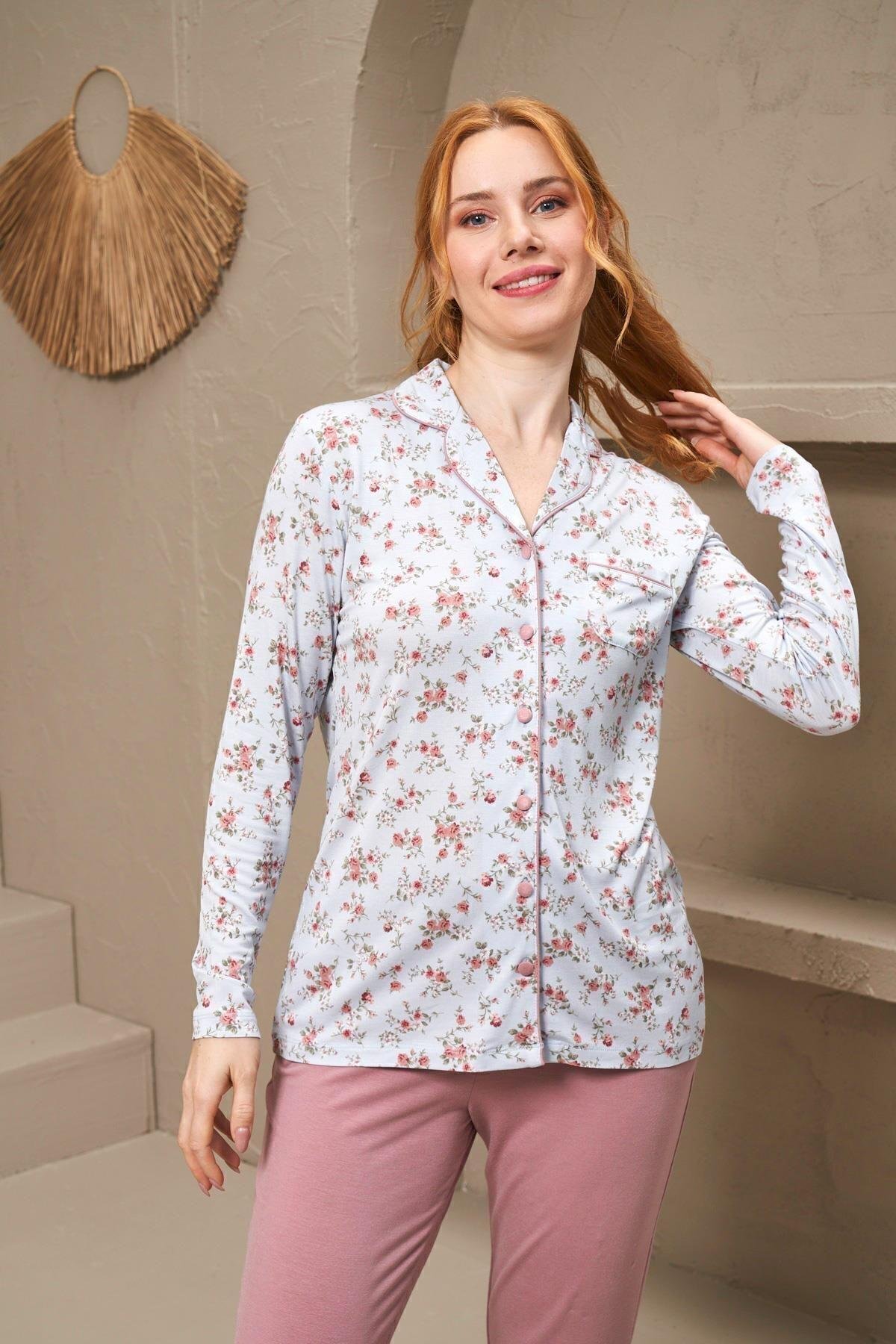 25152 Kadın Yakalı Düğmeli Uzun Kollu Desenli Pijama Takım