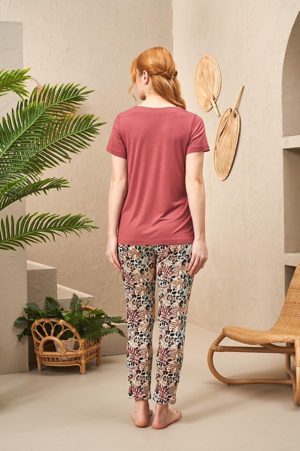 25176 Kadın V Yaka Desenli Kısa Kollu Pijama Takım