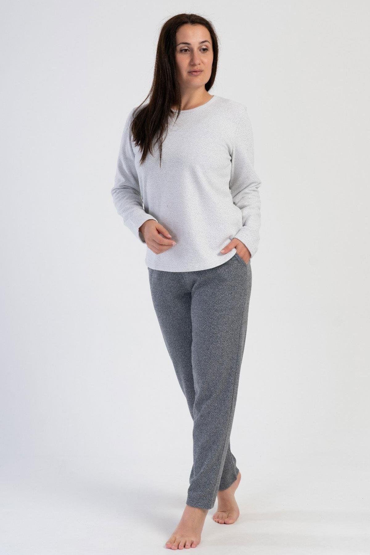 Vienetta Beyaz Kadın Büyük Beden Uzun Kollu Jakarlı İnterlok Pijama Takımı