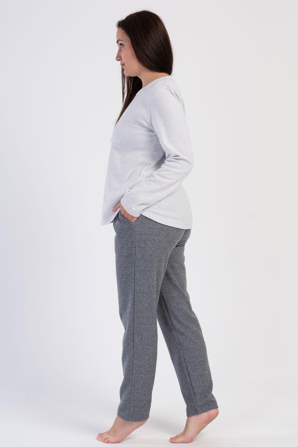 Vienetta Beyaz Kadın Büyük Beden Uzun Kollu Jakarlı İnterlok Pijama Takımı