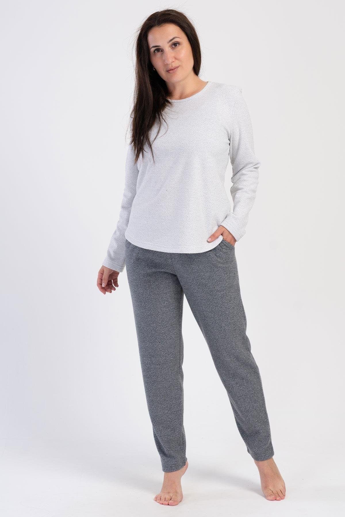 Vienetta Beyaz Kadın Büyük Beden Uzun Kollu Jakarlı İnterlok Pijama Takımı