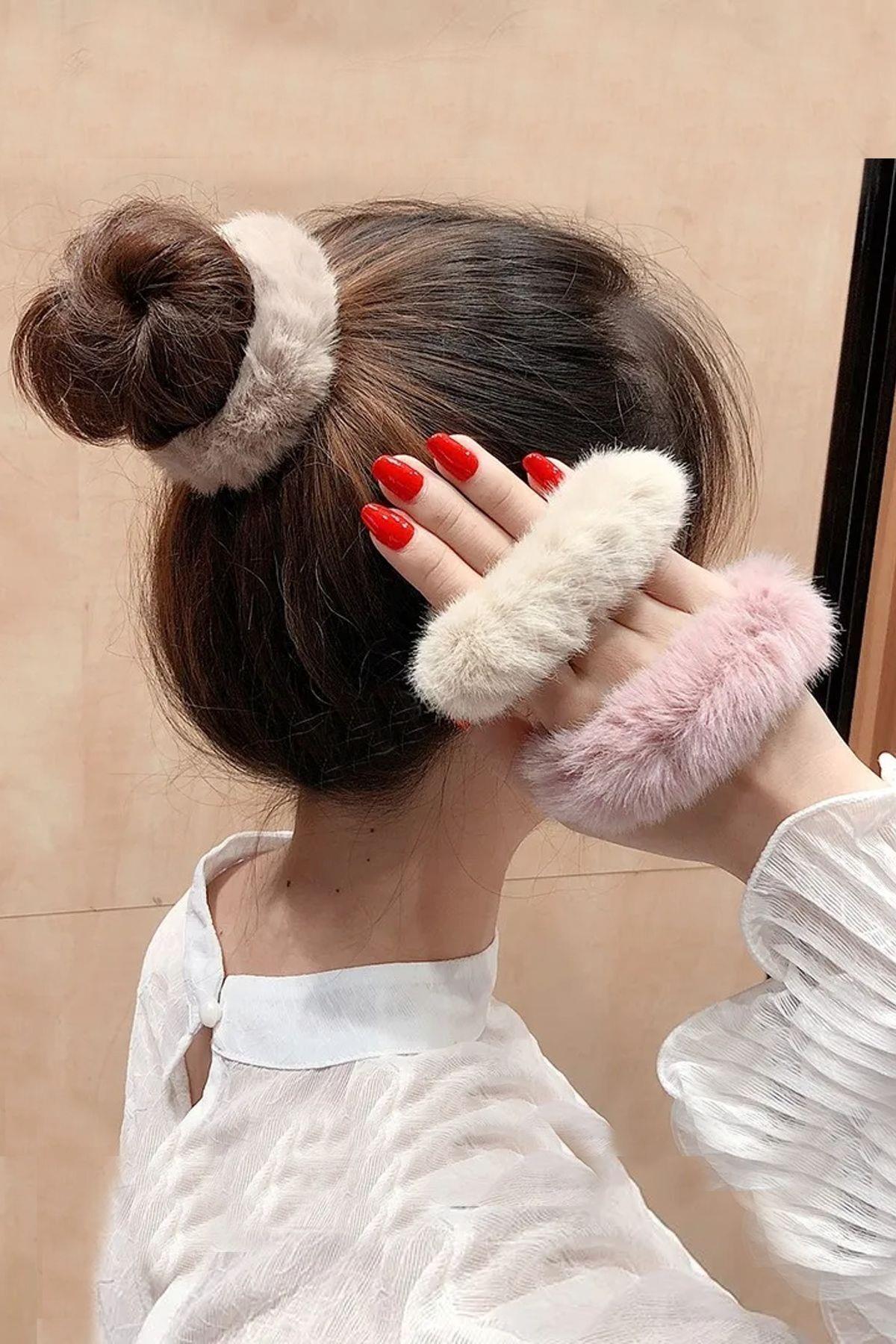 Kadın 3'lü Peluş Lastik Toka Seti TK0811, one size