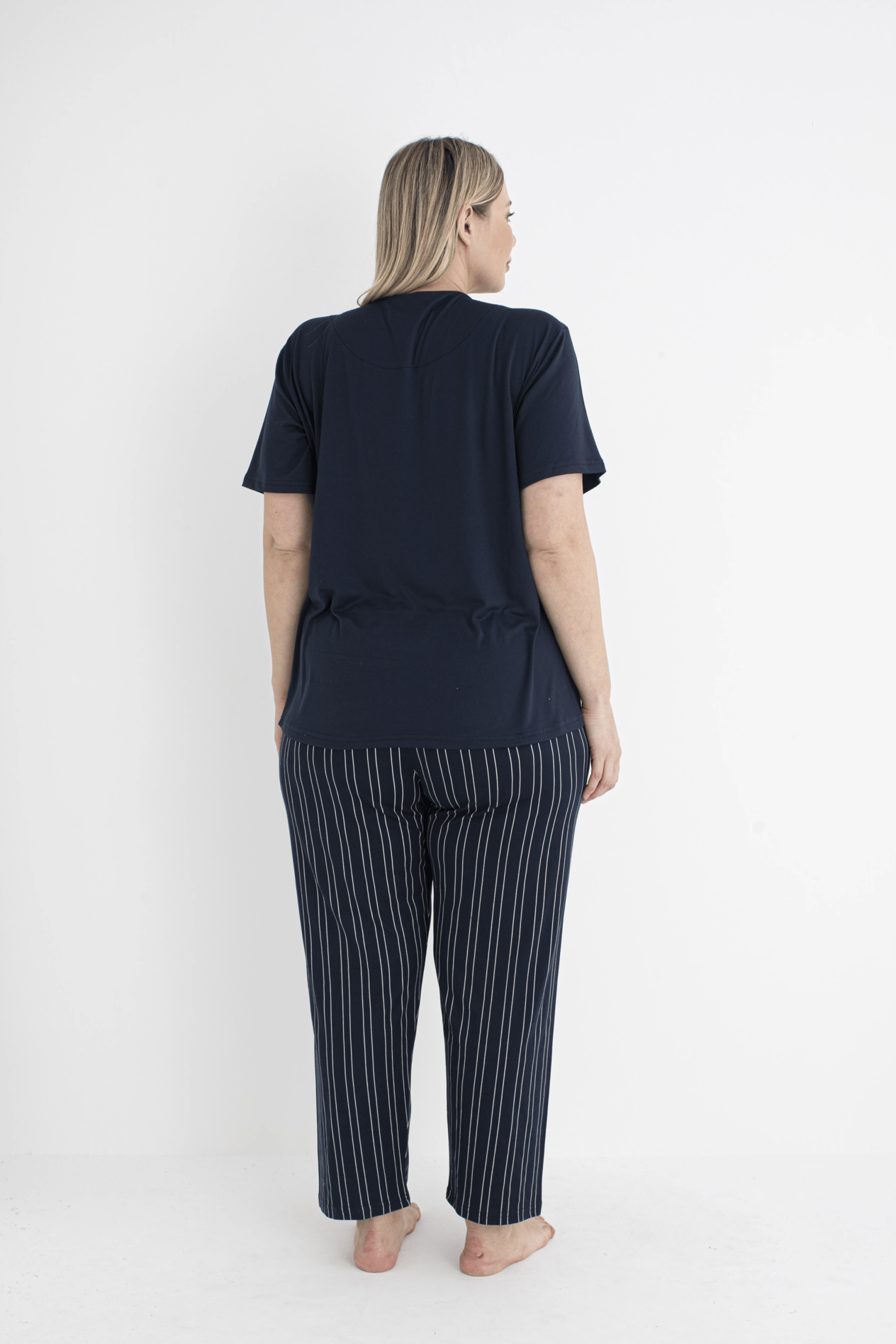 Estiva 25151 Kadın Battal  Beden Çizgilii Kısa Kol Pijama Takımı
