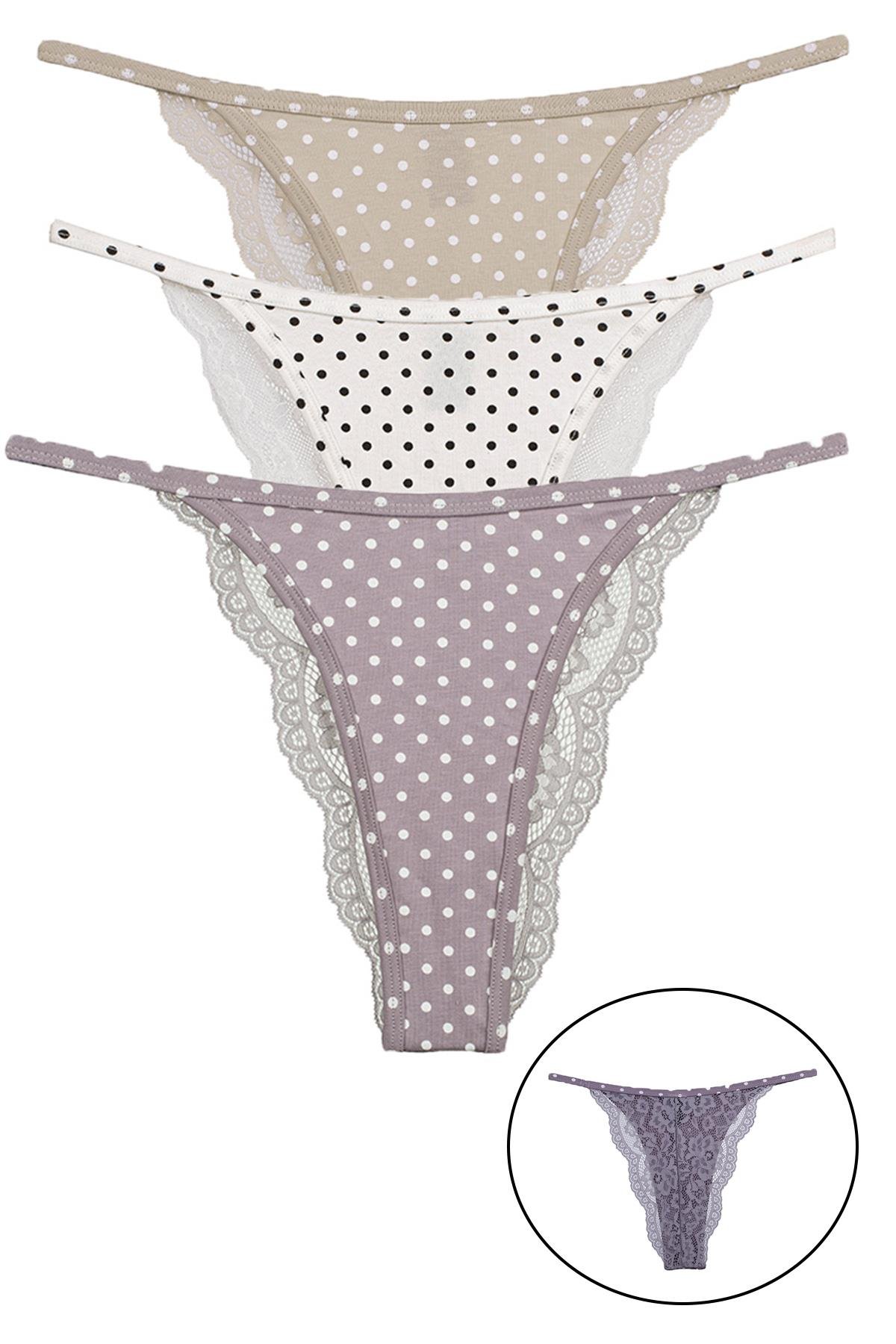 Vanilya Secret Dantel Pamuklu Brezilyan 3'Lü Paket Lila-Taş-Beyaz