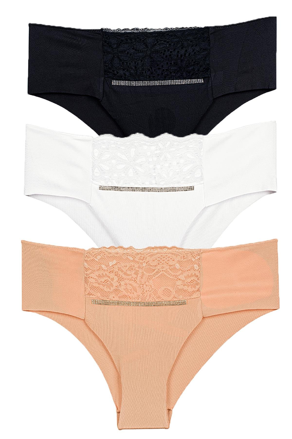 Vanilya Secret Ön Dantel Taşlı Lazer Bikini 3'Lü Paket Siyah Beyaz Pudra
