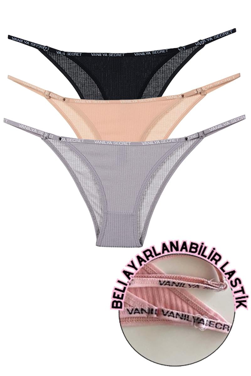 Vanilya Secret Pamuklu Beli Ayarlanır Kadın Külot 3'Lü Paket Pudra-Lila-Siyah