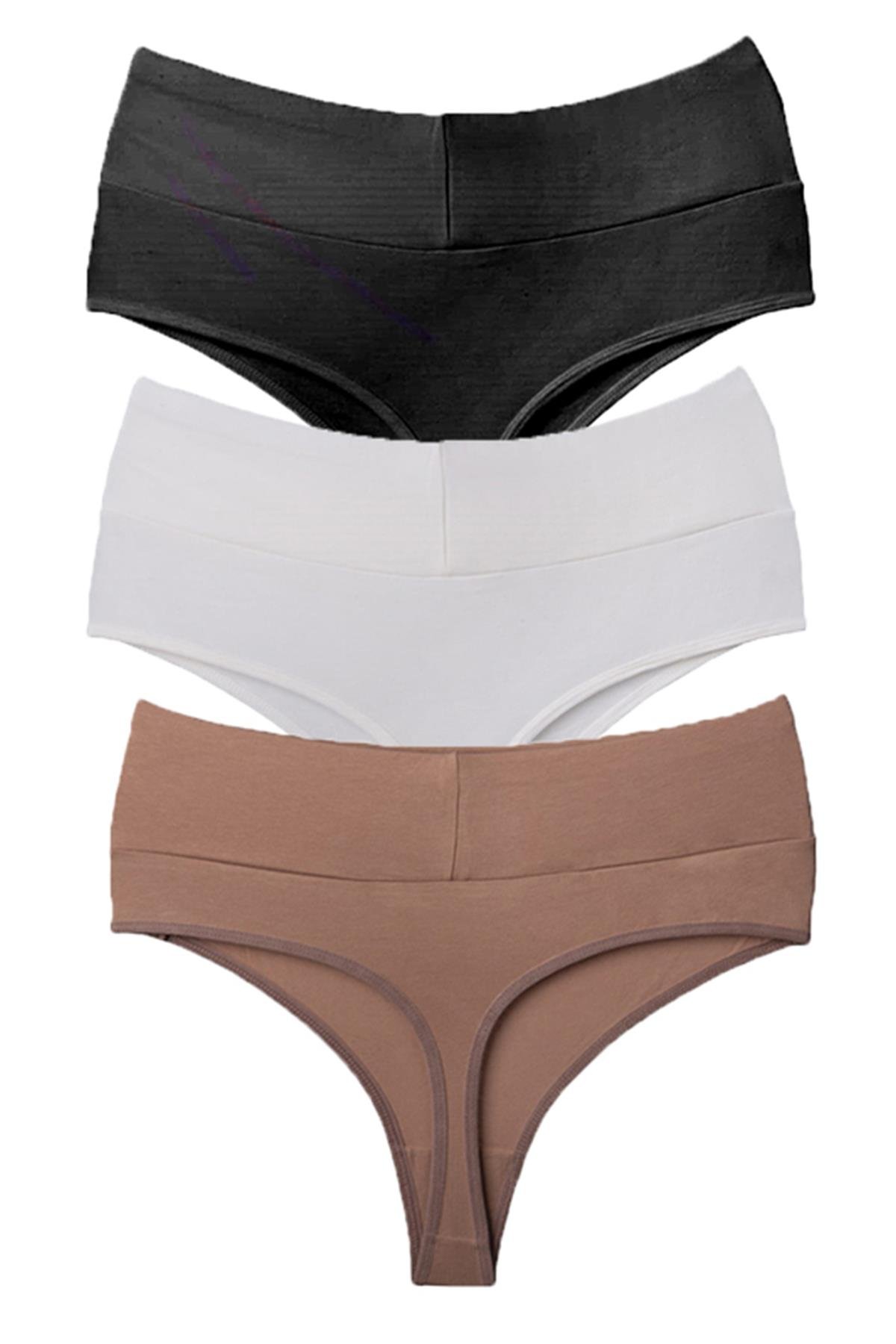 Vanilya Secret Tanga Yüksek Bel Toparlayıcı Pamuk 3'lü Paket Siyah-Beyaz-Taş
