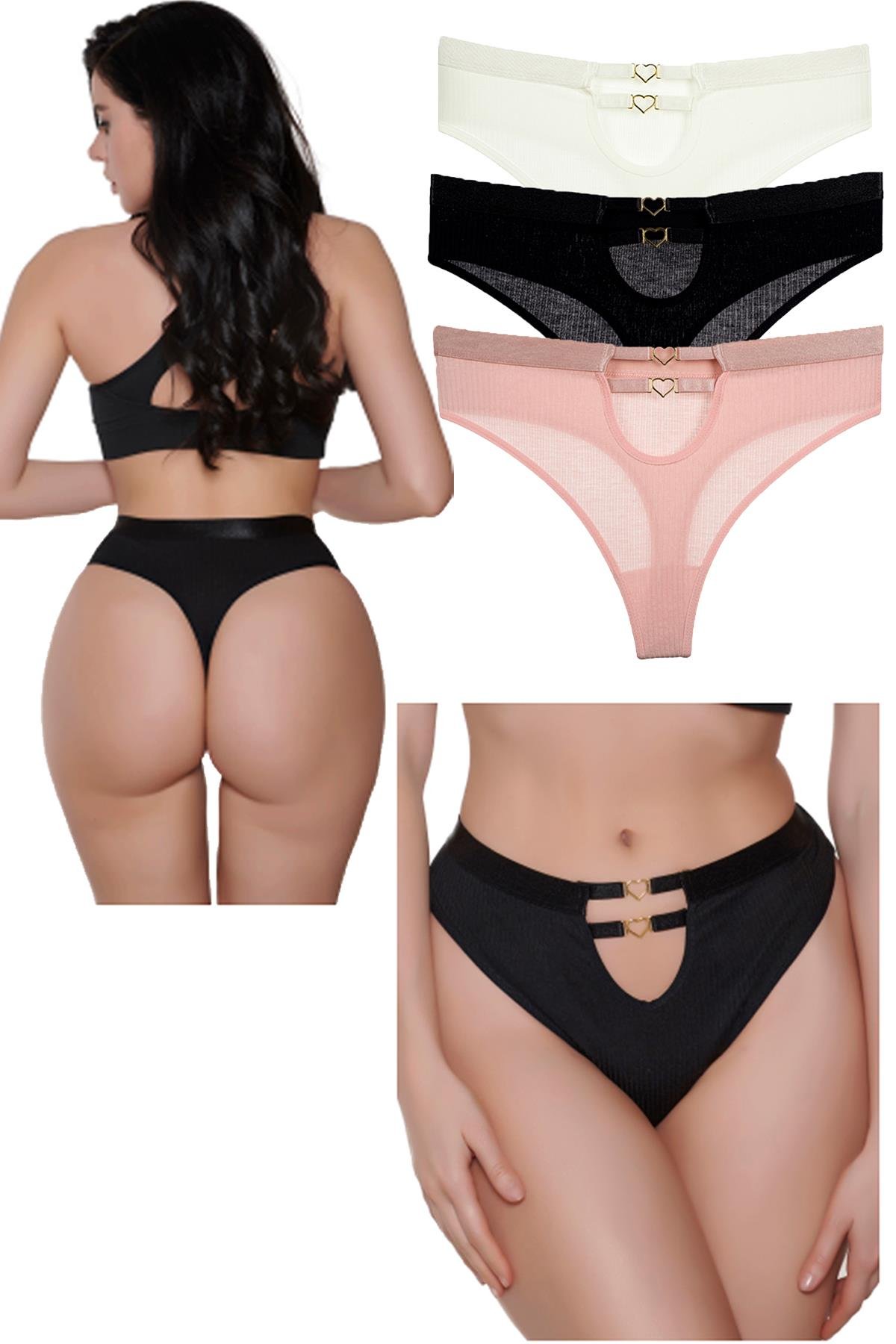 Vanilya Secret Yüksek Bel Tanga 3'Lü Paket Pudra-Beyaz-Siyah