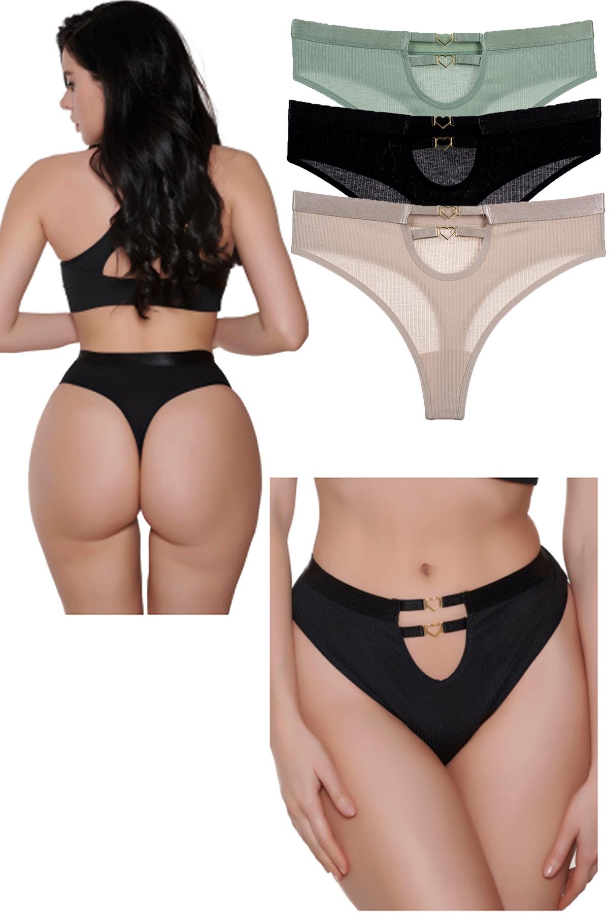 Vanilya Secret Yüksek Bel Tanga 3'Lü Paket Taş-Mint Yeşili-Siyah
