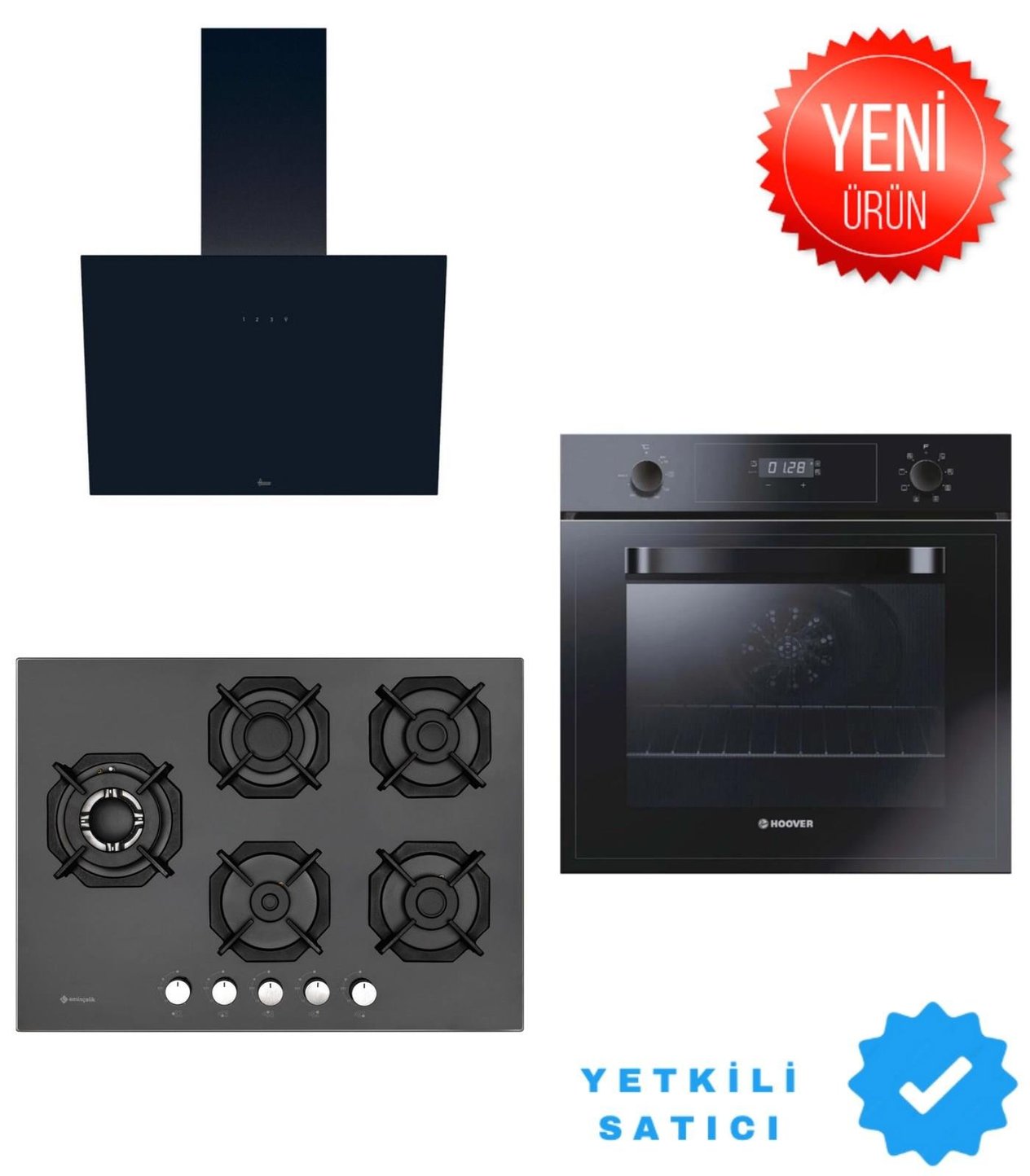 HooverEminçelik 2250 Sbw BG70 5 Gözlü  Siyah Ankastre Ocak + Hoover 3051B + Hdg6c1gbtk Ankastre Set