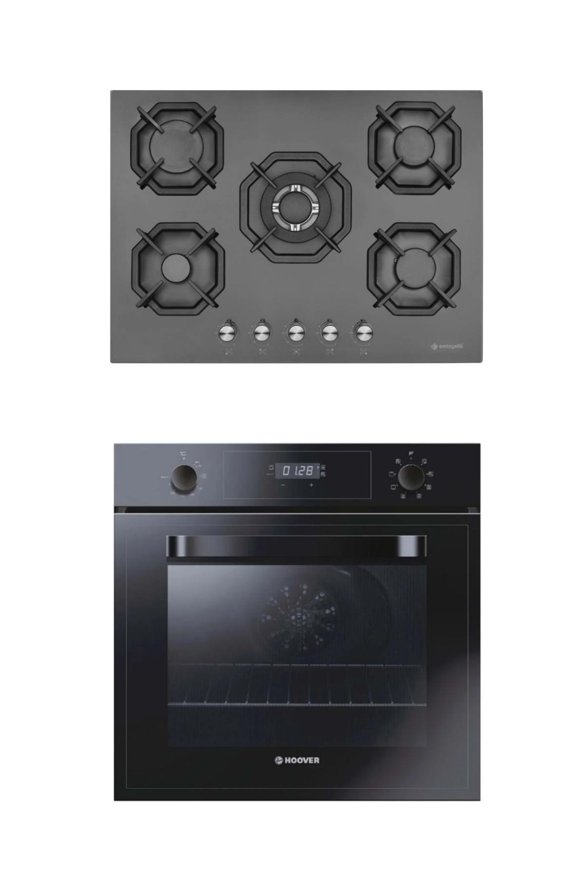 HooverEminçelik 5 Gözlü /1 Gözü  Ankastre Siyah Ocak 2250 Bw + Hoover 3051BI Fırın