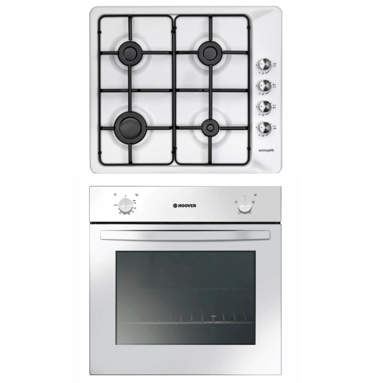 Hooverhon100w Ankastre Beyaz Fırın + Eminçelik 3140 NG BEYAZ EMAYE ANKASTRE GÖMME OCAK