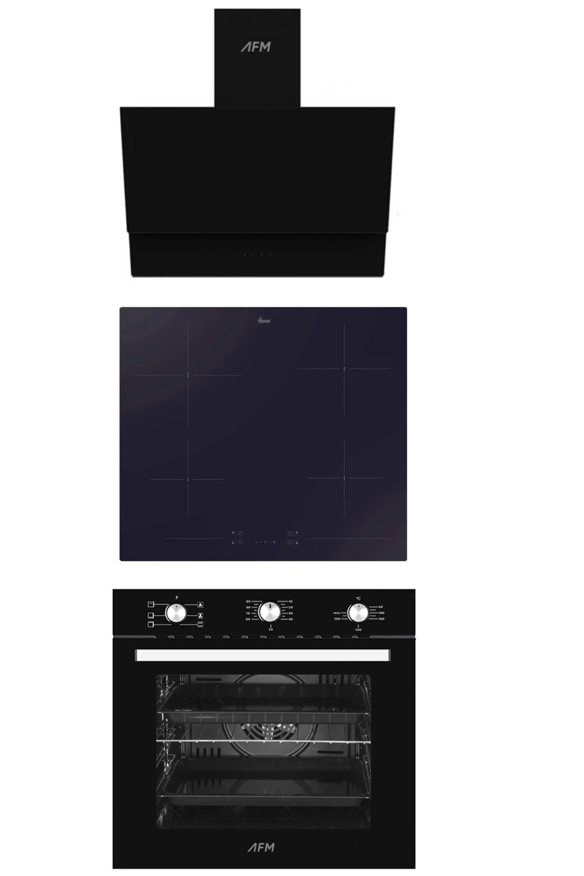 Hooverhoover - AFM tech HH64CCB elektrikli ocak + 6+1 Turbolu Fırın + 650m3 Davlumbaz  Siyah Ankastre Set