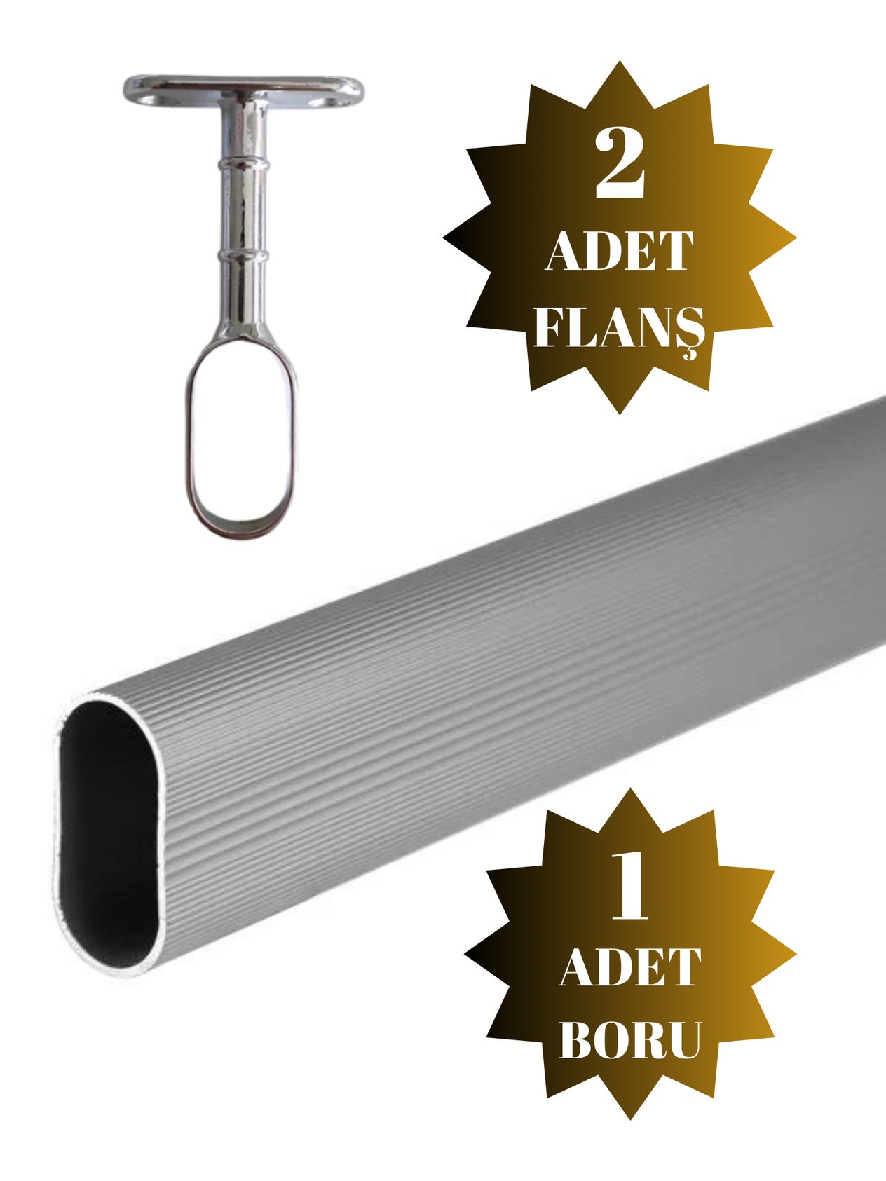 Alüminyum Oval Dolap Mobilya Askı Borusu(2 Adet Ayaklı Açık Flanş 1 Adet Boru)(EN:15MM BOY:25MM)