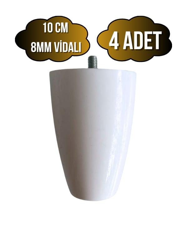 Plastik Ayak 8mm Vidalı Mobilya Koltuk ve Baza Ayağı(BEYAZ)(10CM)(8MM VİDALI)(4 ADET)