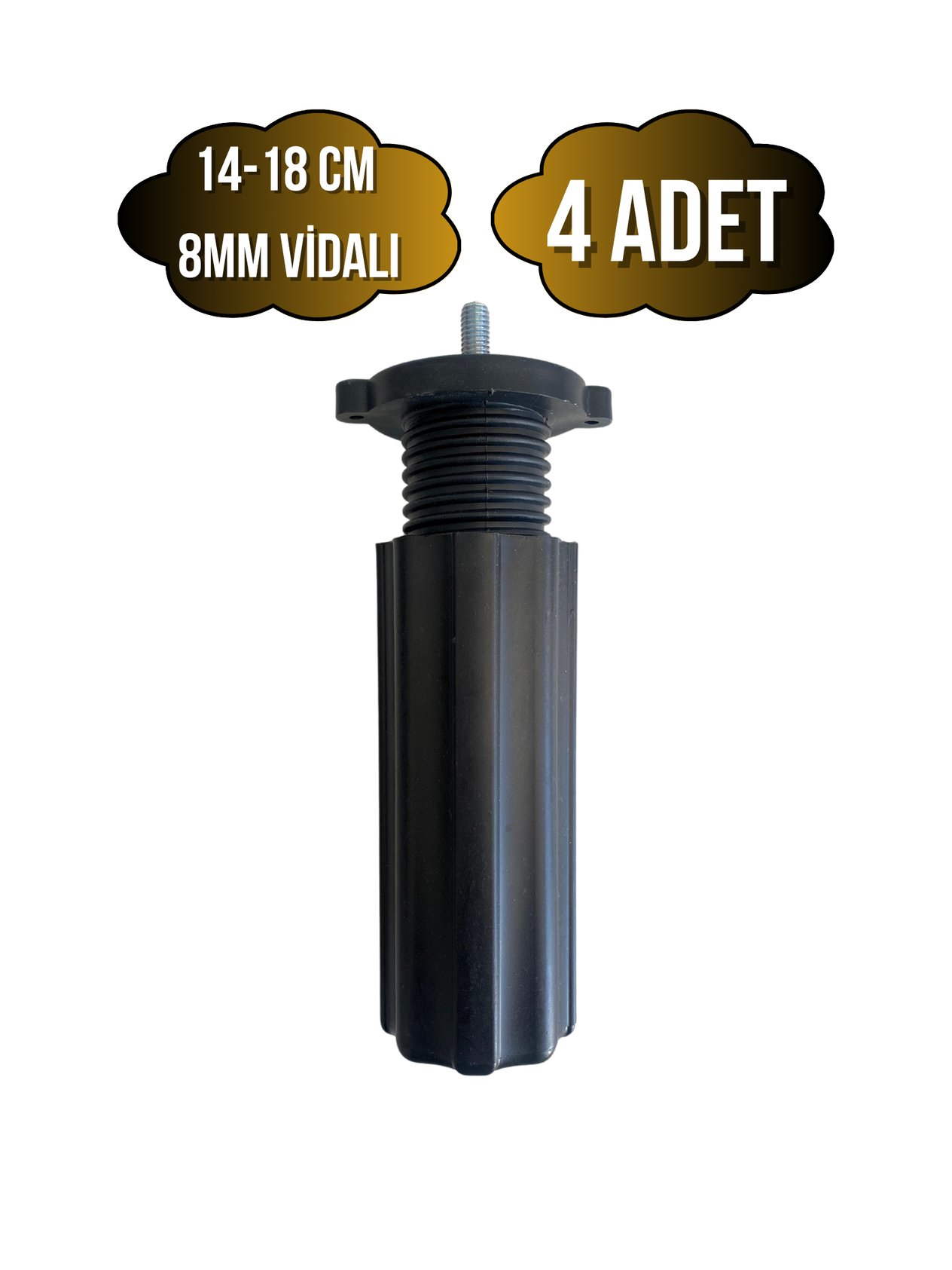 Siyah 14-18cm Ayarlı Plastik Orta Mobilya Masa ve Dolap Ayağı(14-18CM)(SİYAH)(8MM VİDALI)(4 ADET)