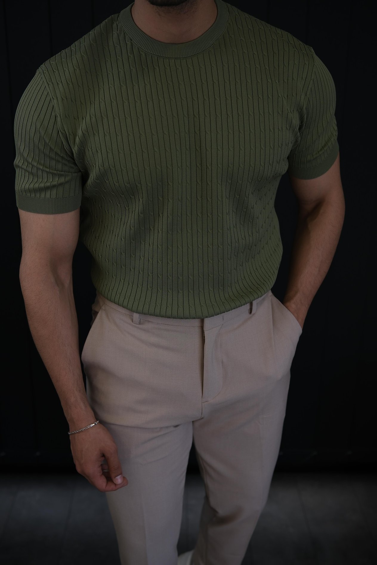 Yeşil Örme Detay T-Shirt
