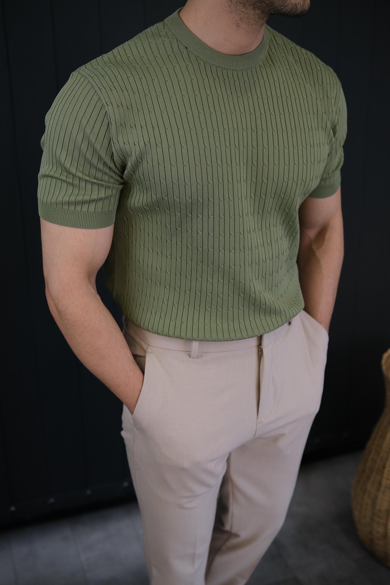 Yeşil Örme Detay T-Shirt