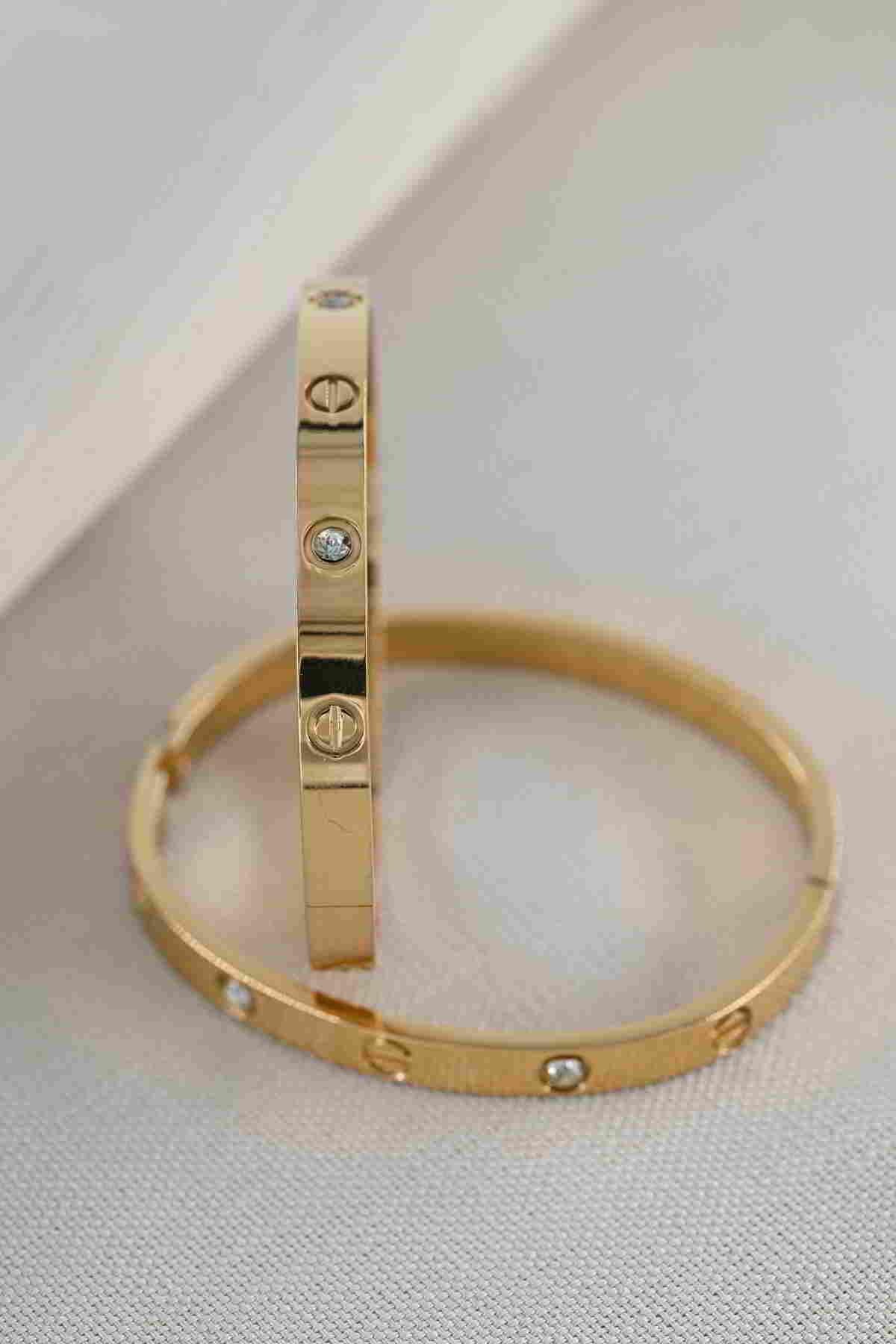 Çelik Gold Kalın Taşlı Cartier Kelepçe