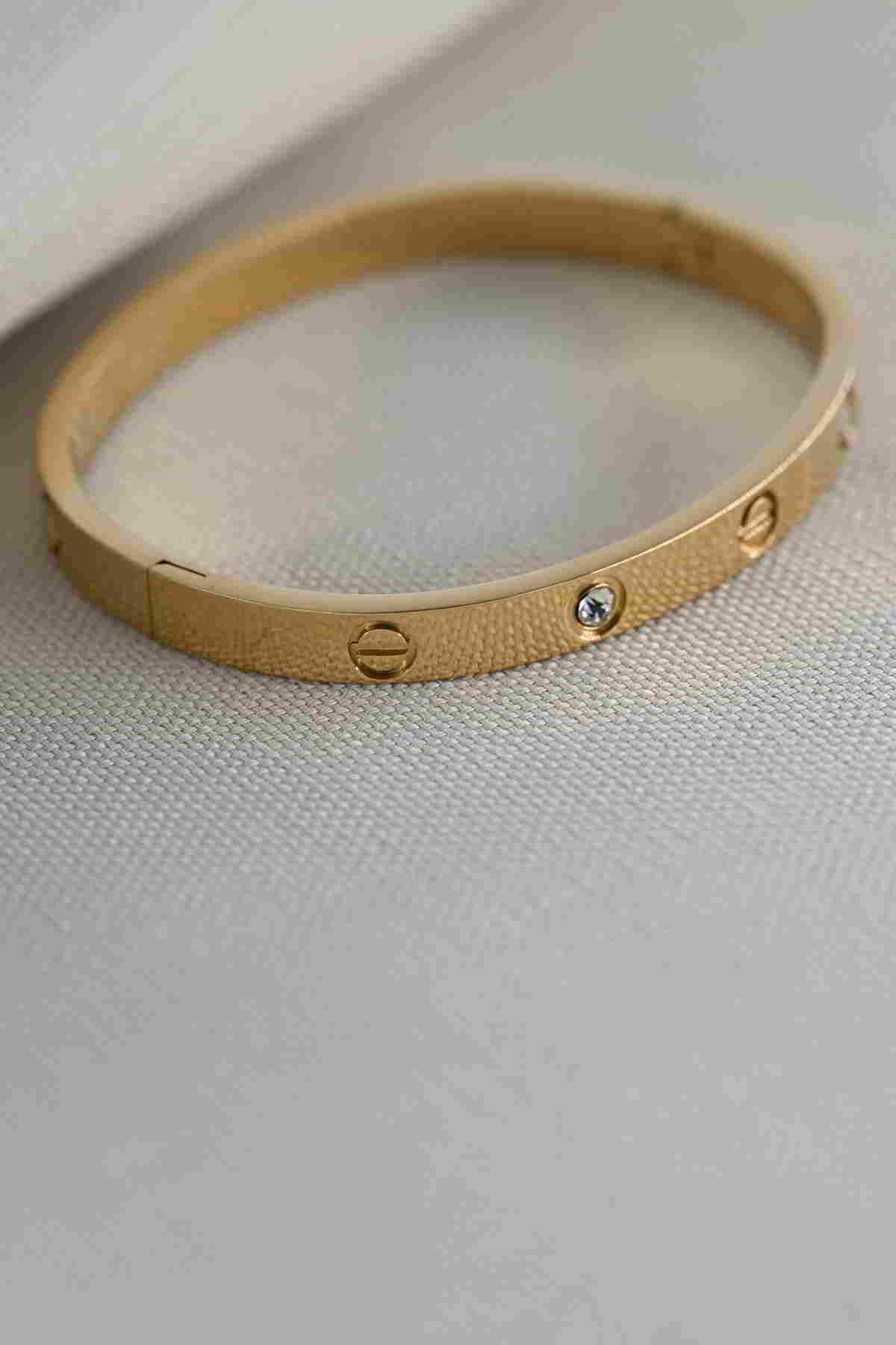 Çelik Gold Kalın Taşlı Cartier Kelepçe