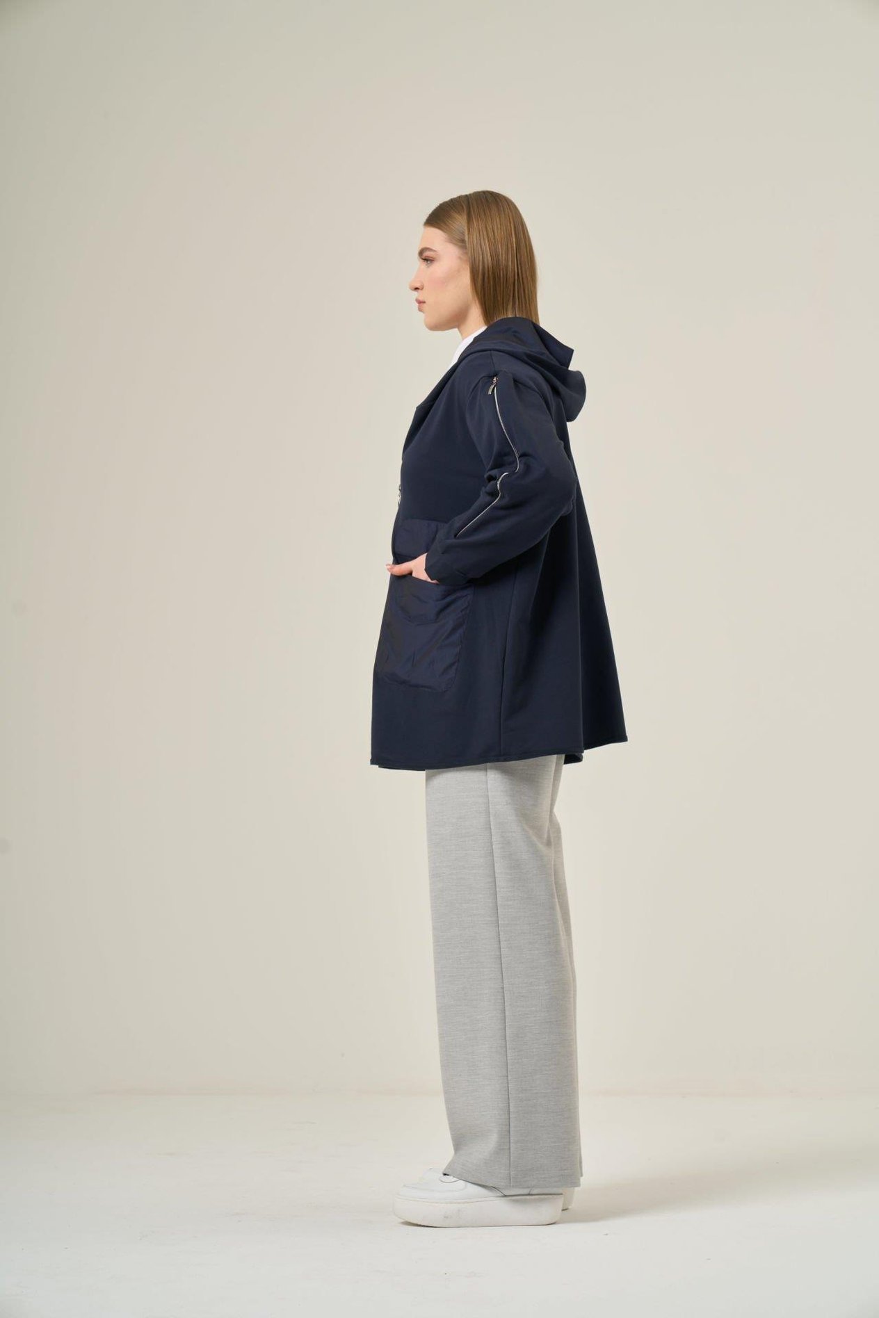 Lacivert  Fermuarlı Pamuk Hoodie