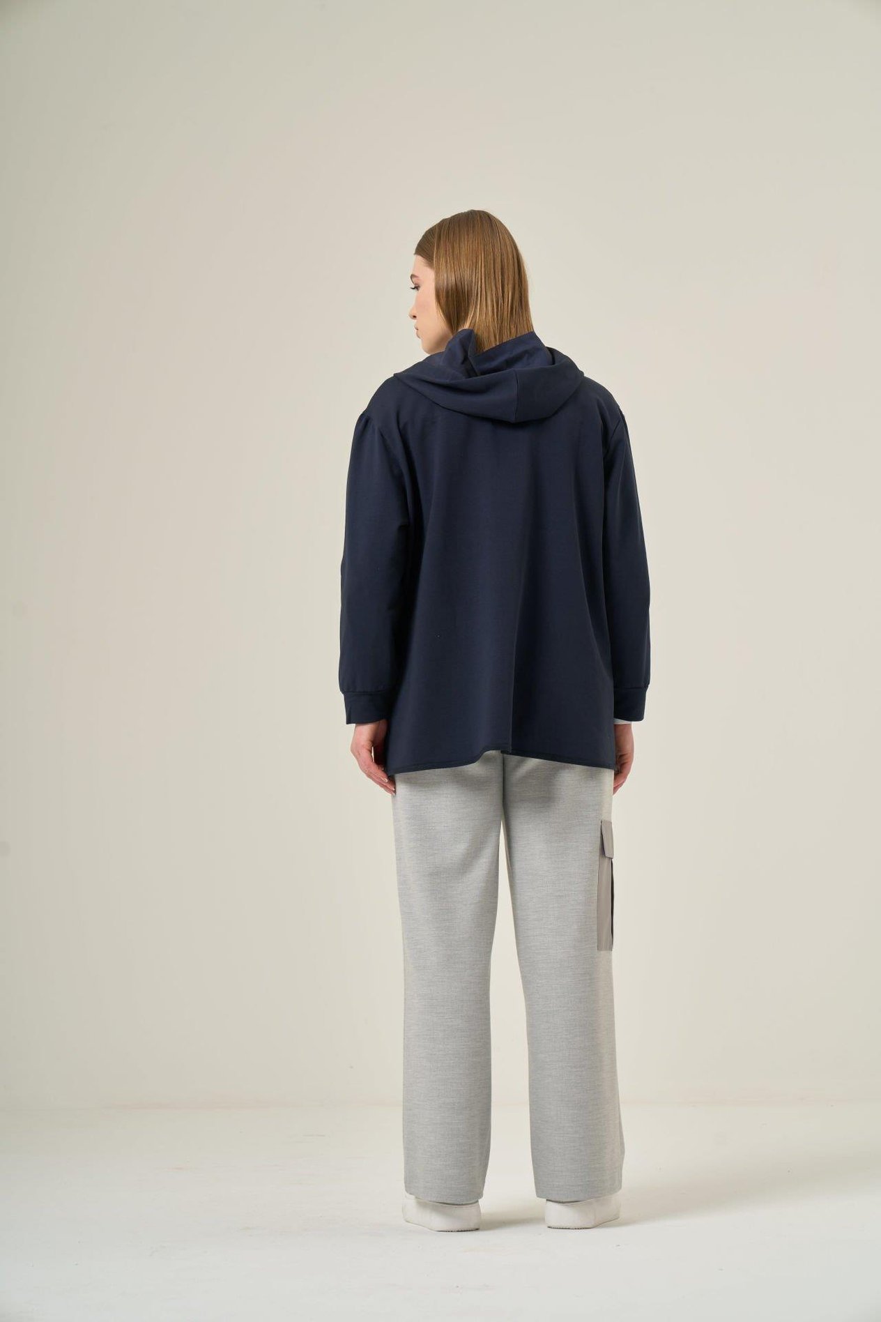 Lacivert  Fermuarlı Pamuk Hoodie