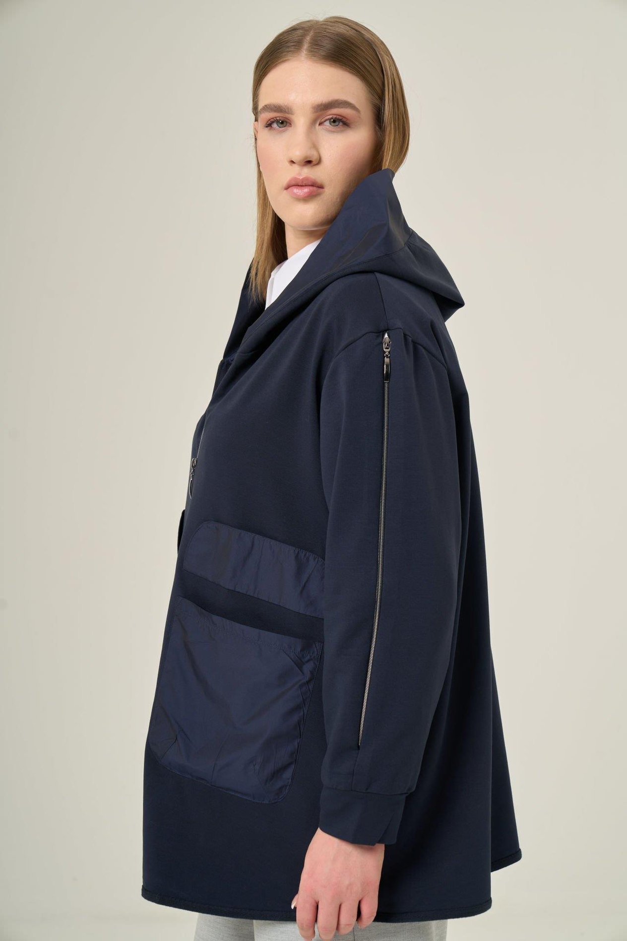 Lacivert  Fermuarlı Pamuk Hoodie