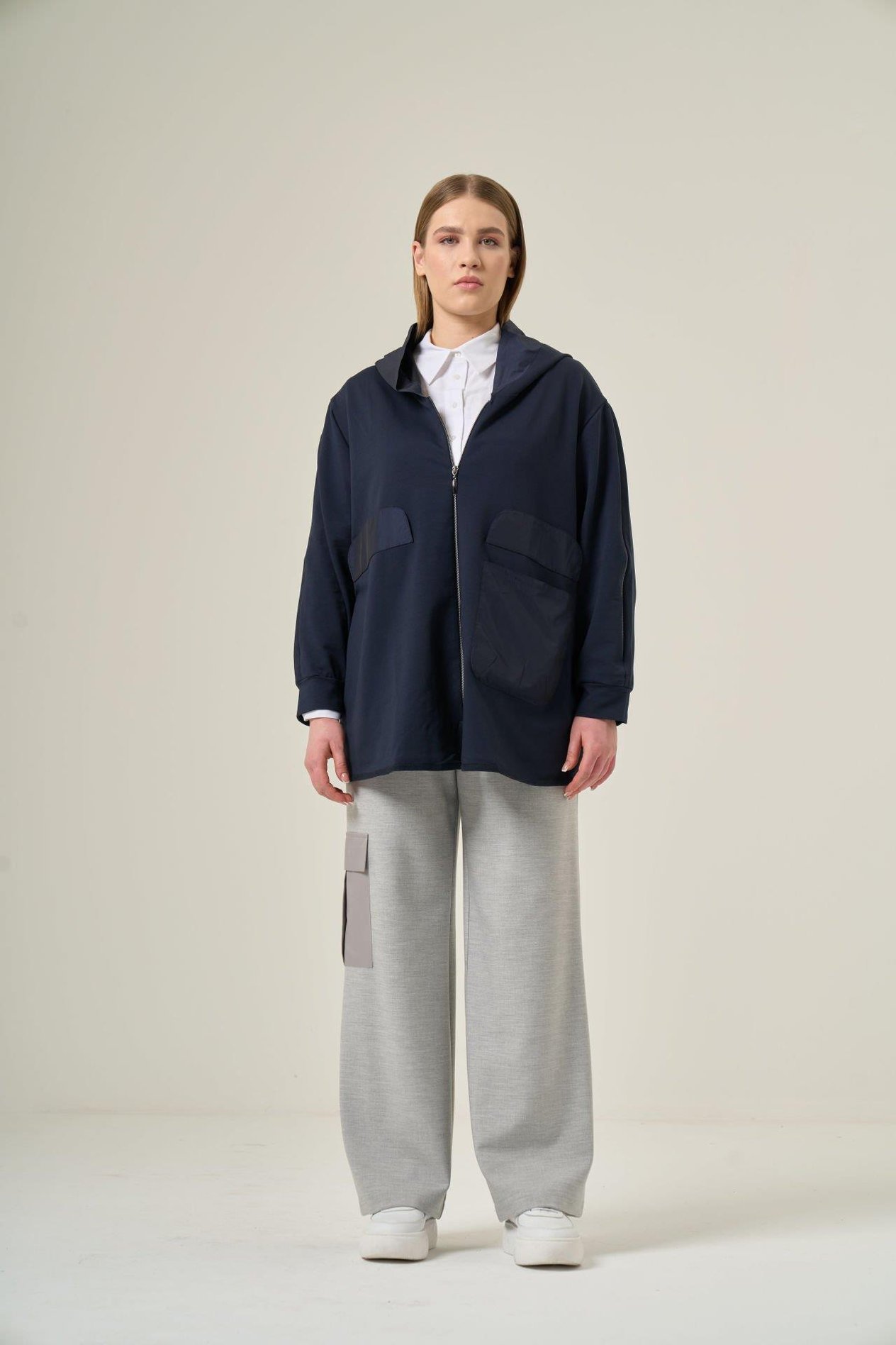 Lacivert  Fermuarlı Pamuk Hoodie