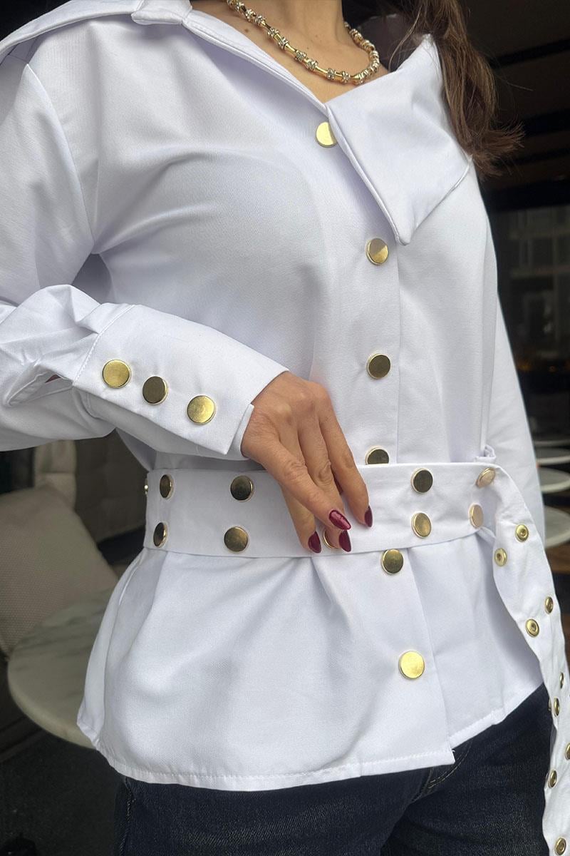 Kayık Yaka Gold Zımbalı Kemer Detaylı Gömlek