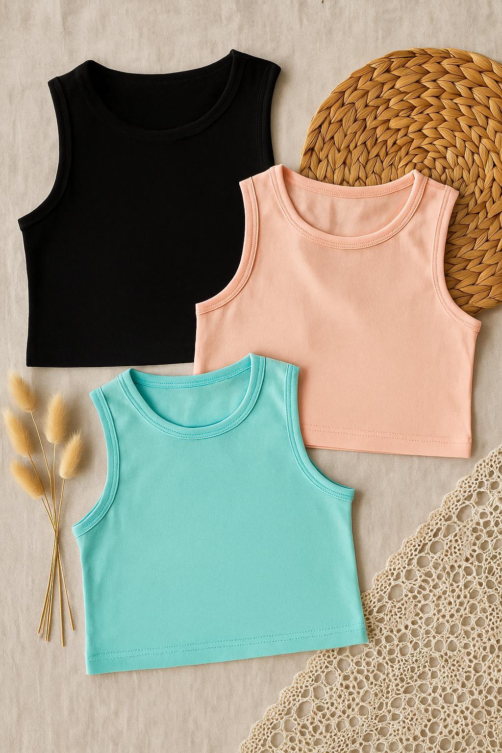 Kadın 3'lü Basic Renkli Crop Üst Seti - Siyah / Turkuaz / Pembe