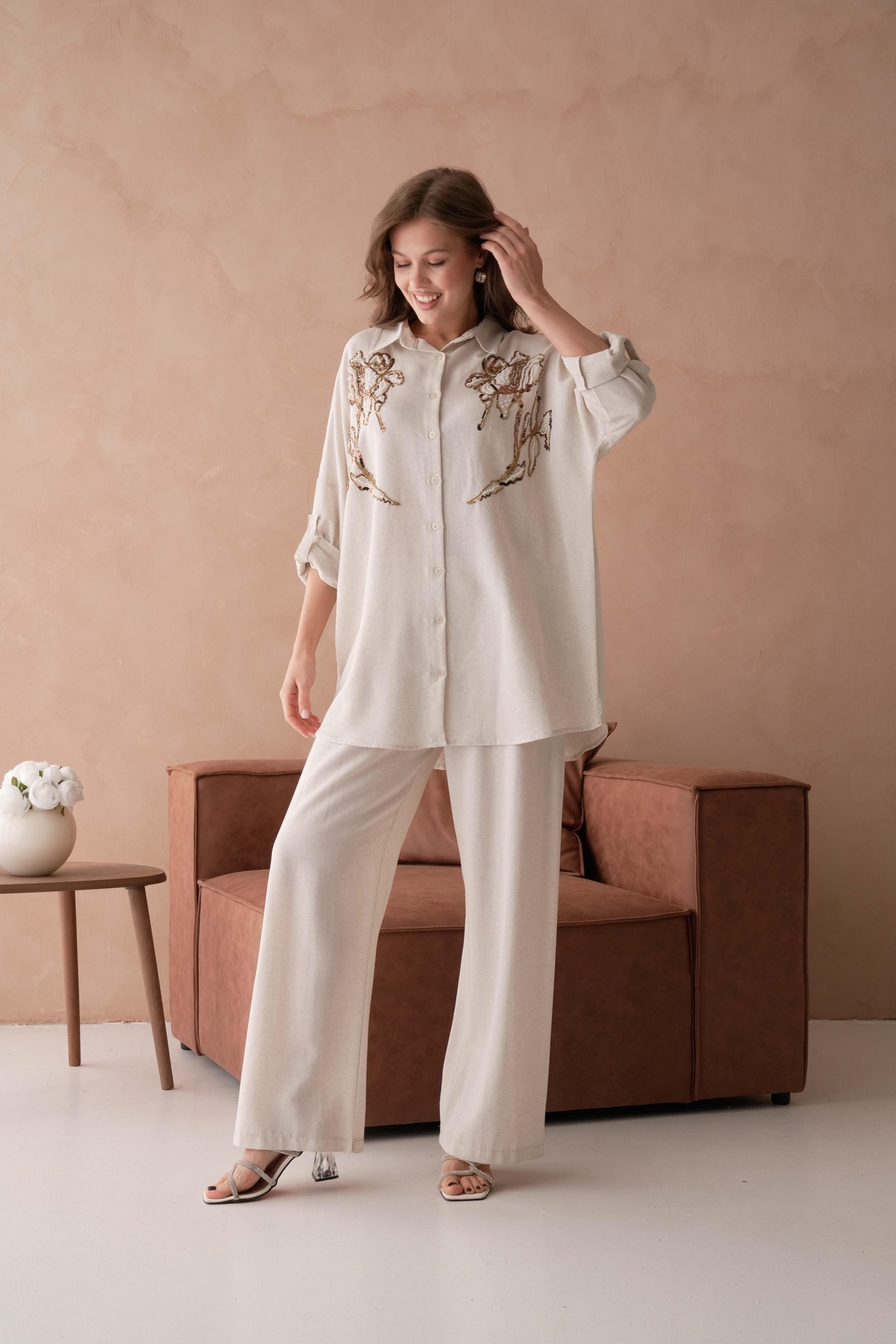 BONCUK NAKIŞ İŞLEMELİ OVERSIZE KETEN GÖMLEK17402