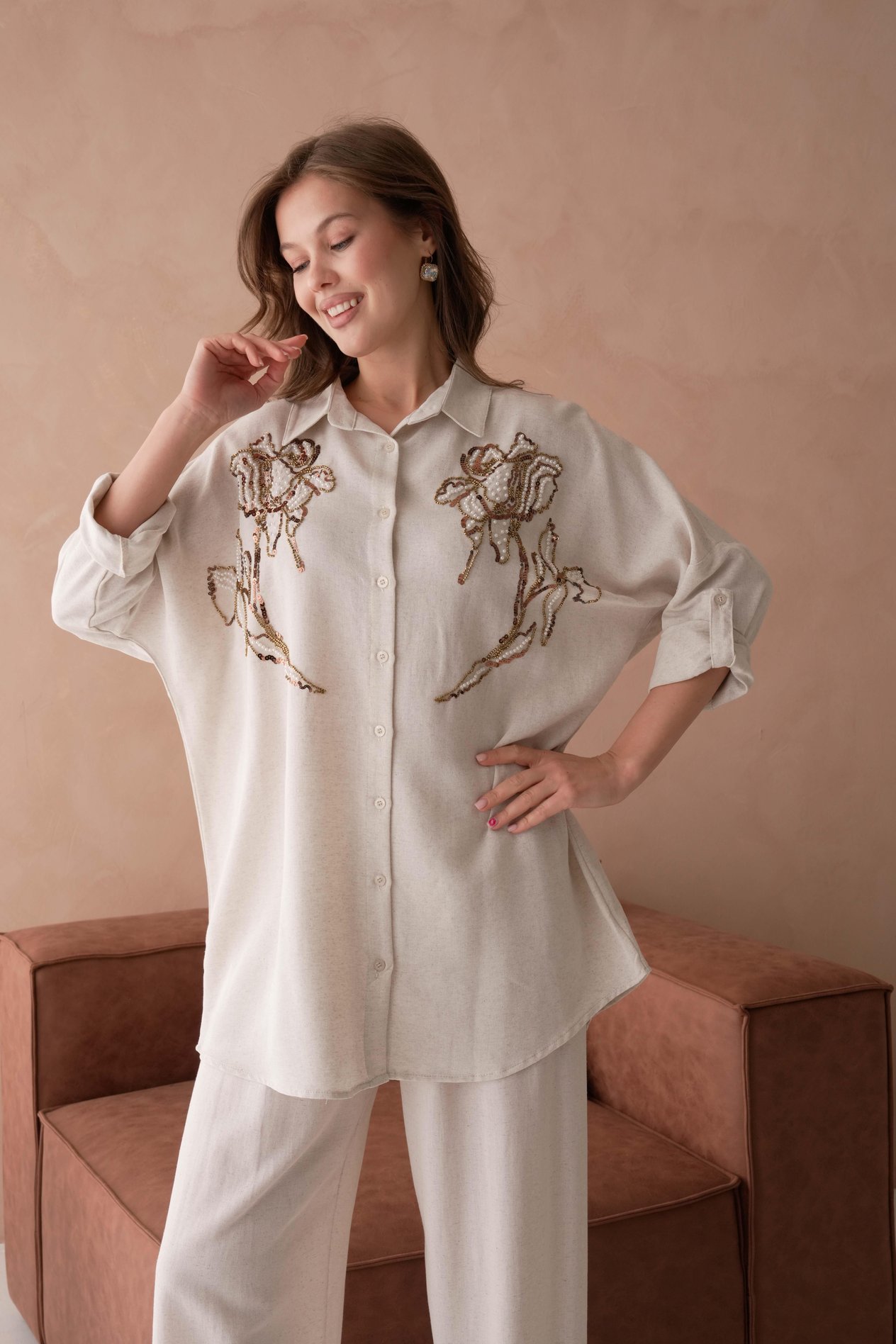 BONCUK NAKIŞ İŞLEMELİ OVERSIZE KETEN GÖMLEK17402