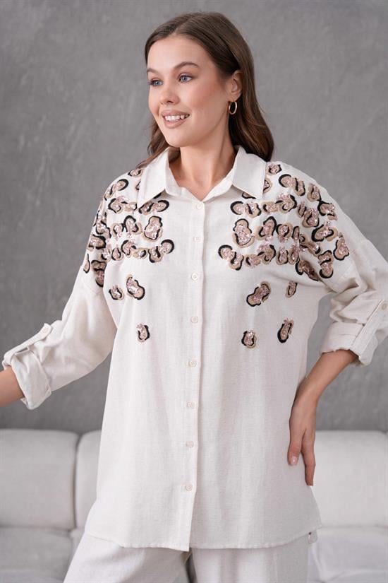 LEOPAR NAKIŞ İŞLEMELİ KETEN TAKIM117338