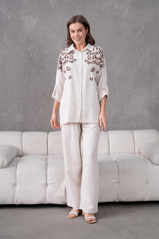 LEOPAR NAKIŞ İŞLEMELİ KETEN TAKIM117338