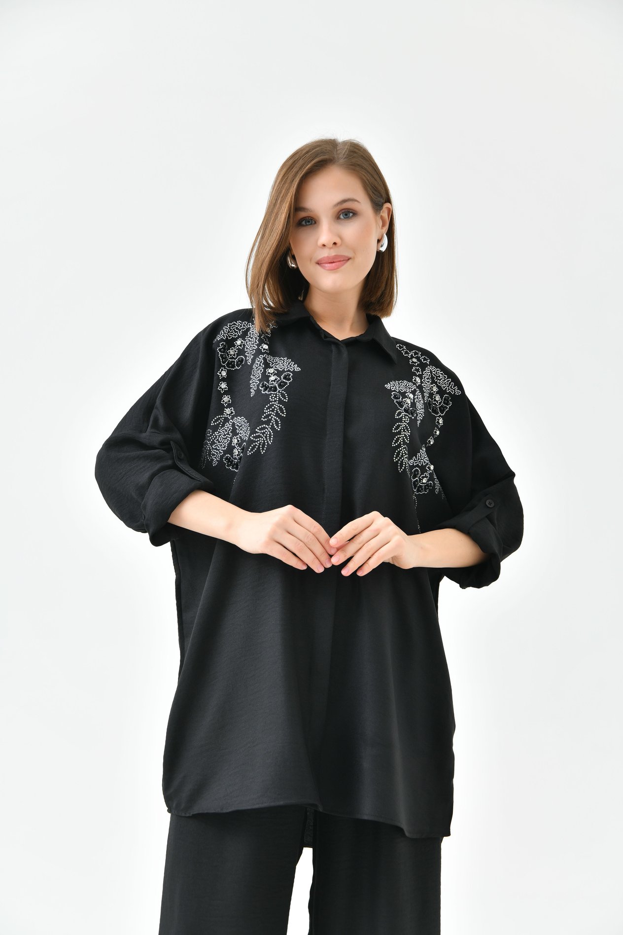 TAŞ İŞLEMELİ OVERSIZE GÖMLEK17065