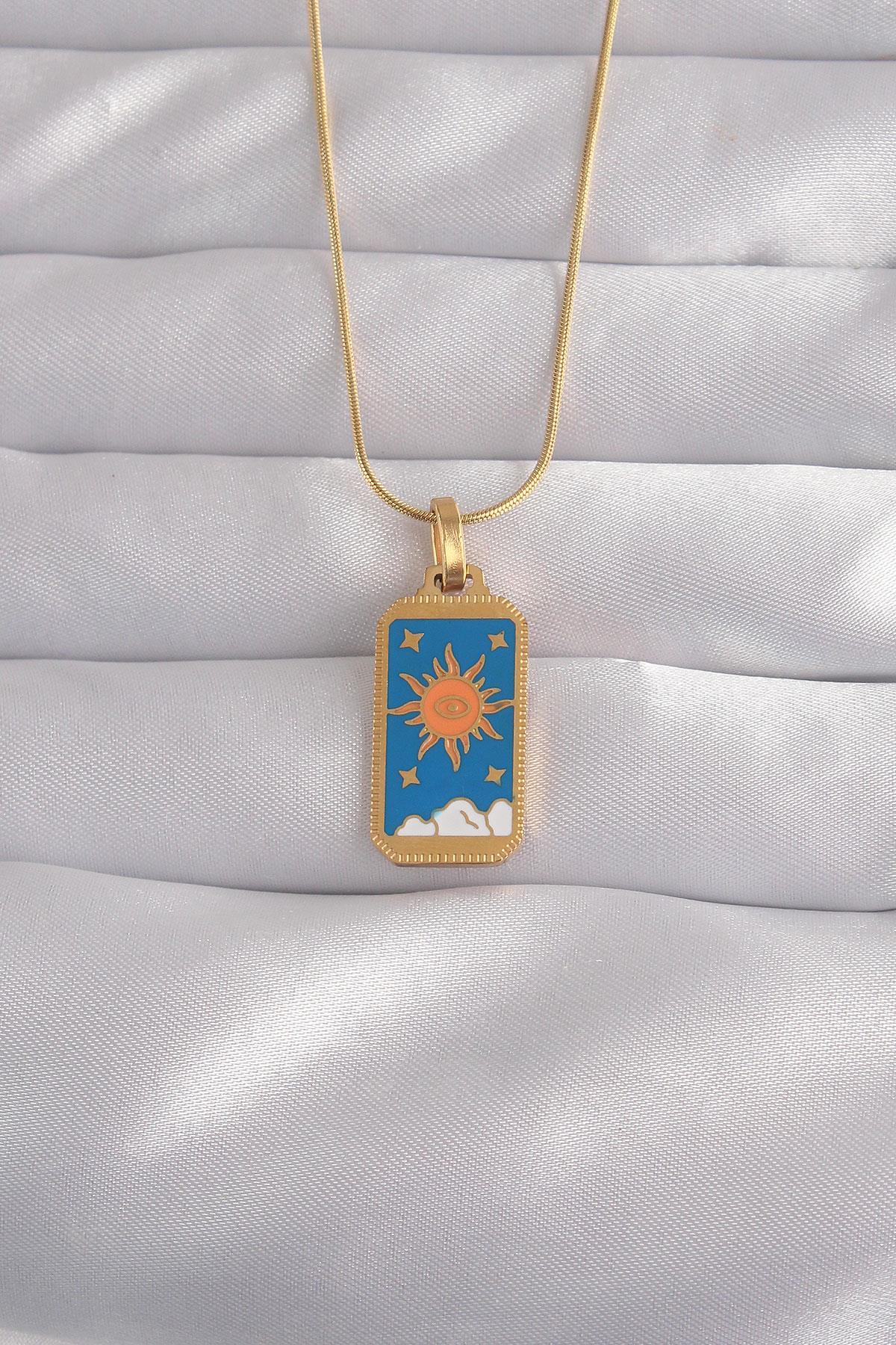 Celira Çelik Gold Renk Mavi Mineli Güneş Model Tarot Kolye