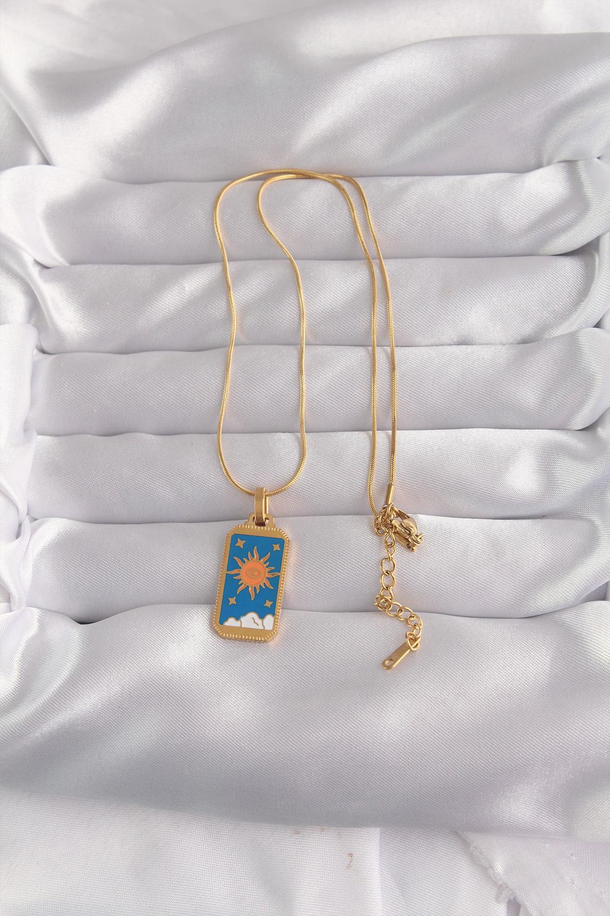 Celira Çelik Gold Renk Mavi Mineli Güneş Model Tarot Kolye